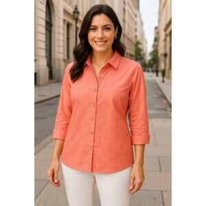 Chicos Wrinkle Resistant Button Up Shirt Womens Size 2 US L Leaf Embossed Peach